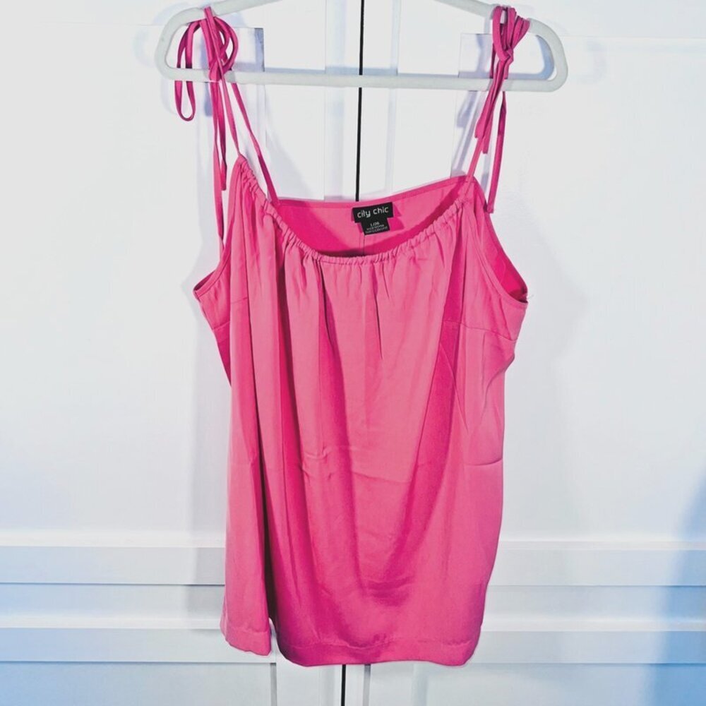 City Chic - Women's 2X Tank Top Carnation Pink Spaghetti Strap Camisole Gathered
